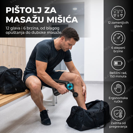 crni pištolj za masažu mišića sa plavim akcentom pored teretanske torbe, benefiti proizvoda