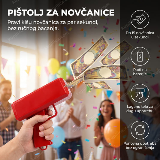 Crveni pištolj za novčanice izbacuje ih na rođendanskoj proslavi
