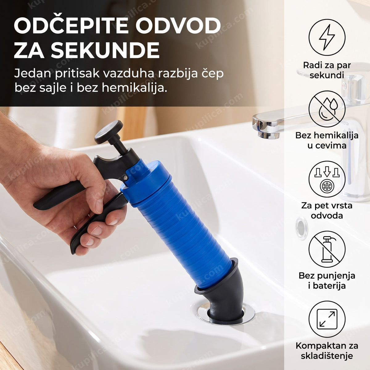 pištolj za odčepljivanje odvoda u upotrebi na sudoperi, benefiti proizvoda