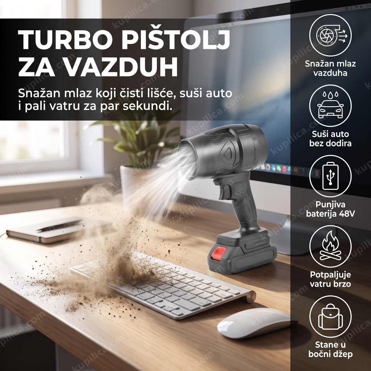 Crni bežični pištolj za vazduh sa crvenim okidačem i benefiti proizvoda