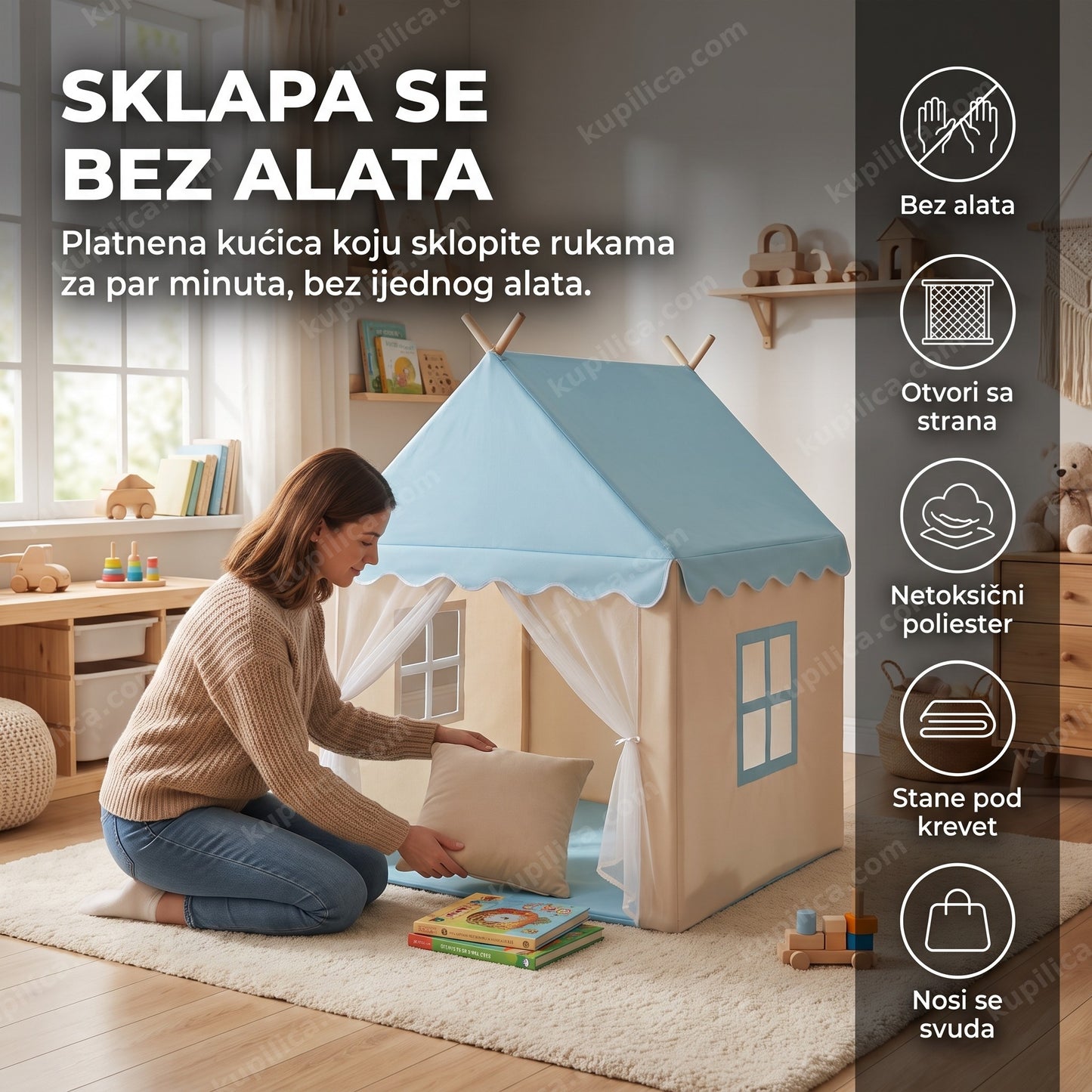 Platneni šator kućica za decu 100x120x130 cm postavljen u dečijoj sobi