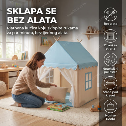 Platneni šator kućica za decu 100x120x130 cm postavljen u dečijoj sobi