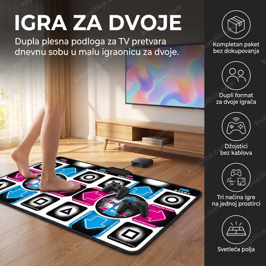dupla plesna podloga za tv razvučena na podu ispred televizora u dnevnoj sobi, benefiti proizvoda