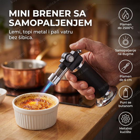 Plinski mini brener karamelizuje krem brule u kuhinji