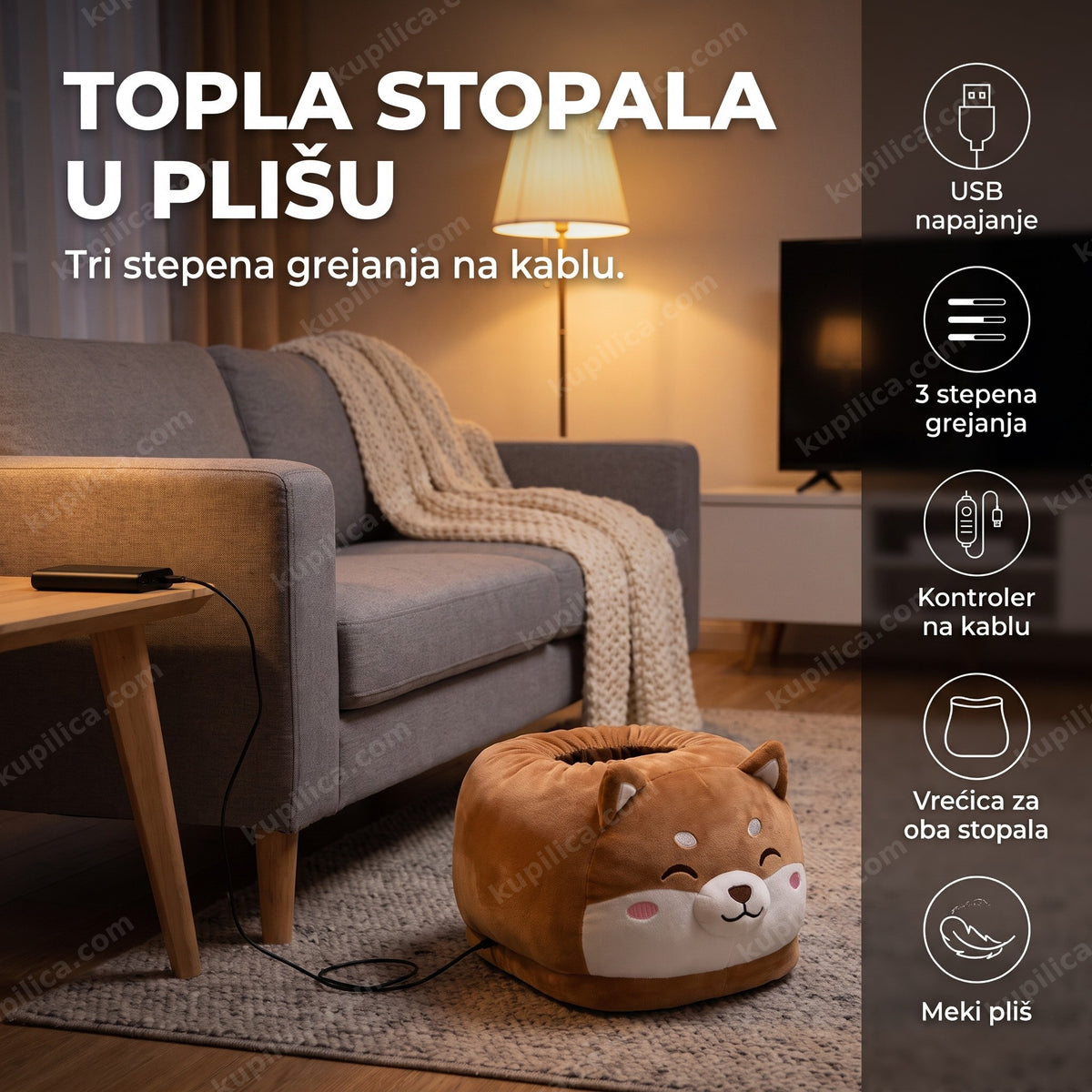 plišani grejač za noge usb sa 3 stepena grejanja uz sofu u dnevnoj sobi