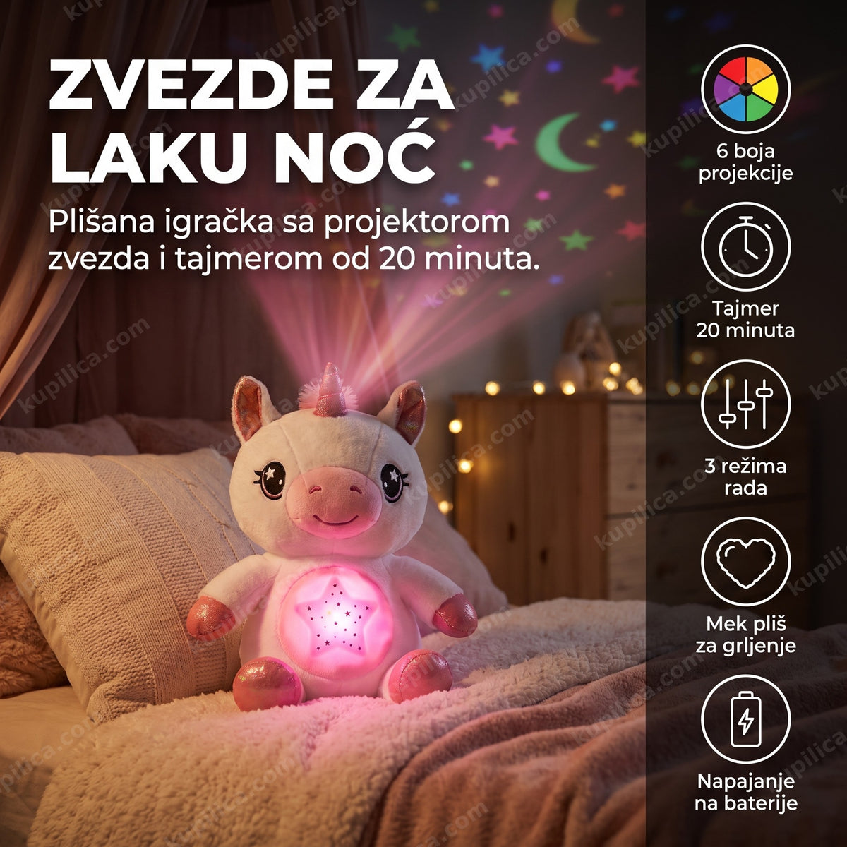 plišani jednorog projektor zvezdanog neba na dečijem krevetu, projekcija zvezda na plafonu, benefiti proizvoda