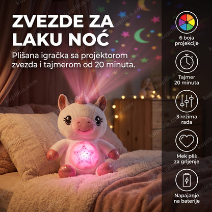 plišani jednorog projektor zvezdanog neba na dečijem krevetu, projekcija zvezda na plafonu, benefiti proizvoda