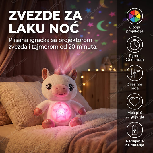 plišani jednorog projektor zvezdanog neba na dečijem krevetu, projekcija zvezda na plafonu, benefiti proizvoda