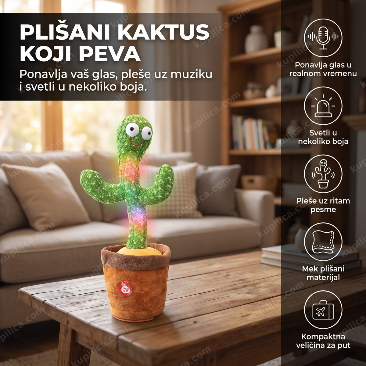 plišani kaktus koji peva i svetli sam na stočiću u dnevnoj sobi, benefiti proizvoda