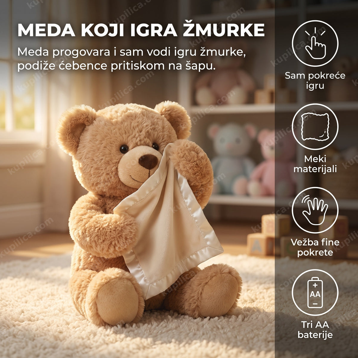 plišani meda koji igra žmurke sam u dečijoj sobi sa prikazom benefita proizvoda