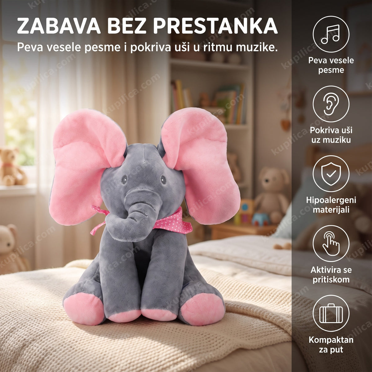 plišani slončić koji peva i pokriva uši sedi na krevetu