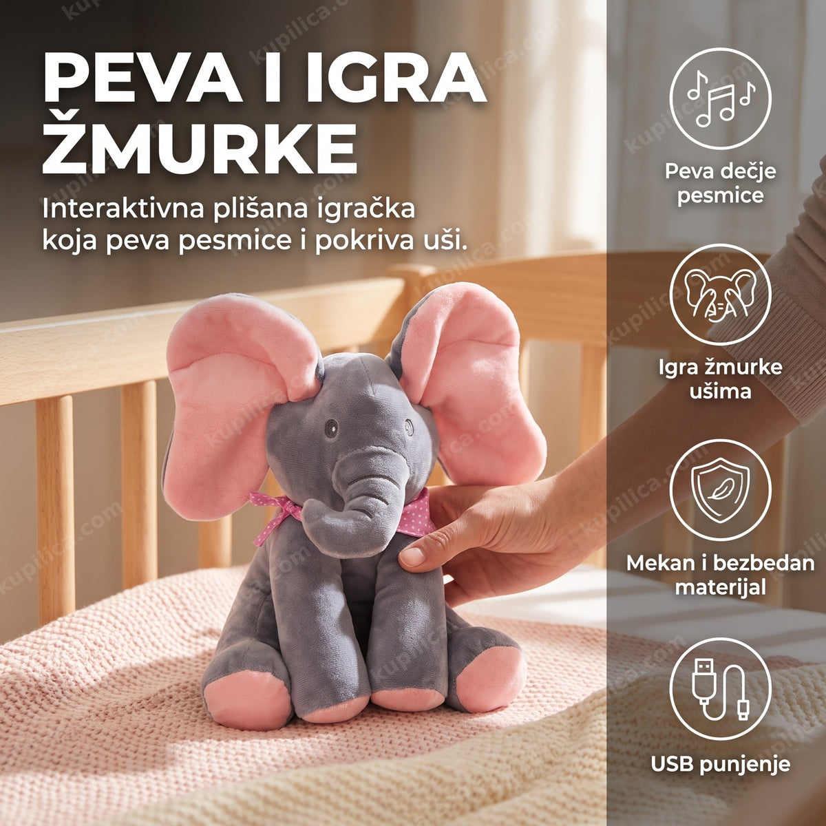 plišani slončić koji peva i pokriva uši u dečijoj sobi, benefiti proizvoda