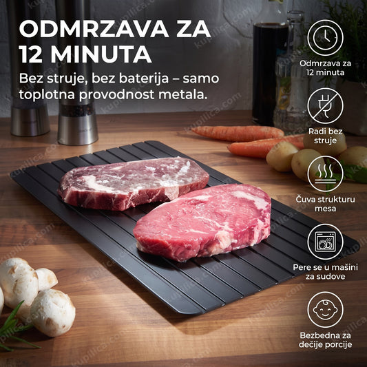 ploča za brzo odmrzavanje sa napola odmrznutim odreskom u kuhinji, benefiti proizvoda