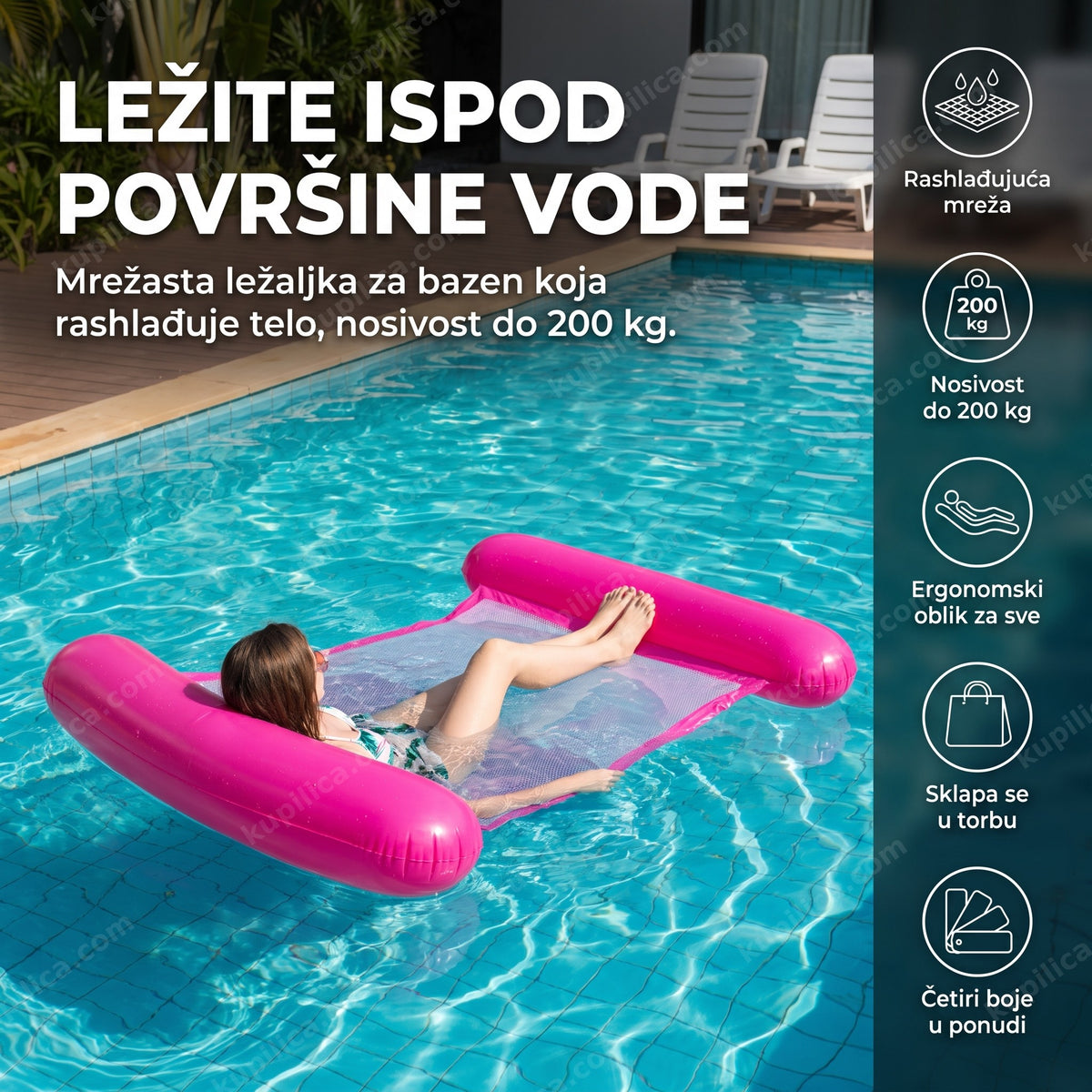 odrasla osoba pluta na roze mrežastoj ležaljci za bazen tokom leta, benefiti proizvoda