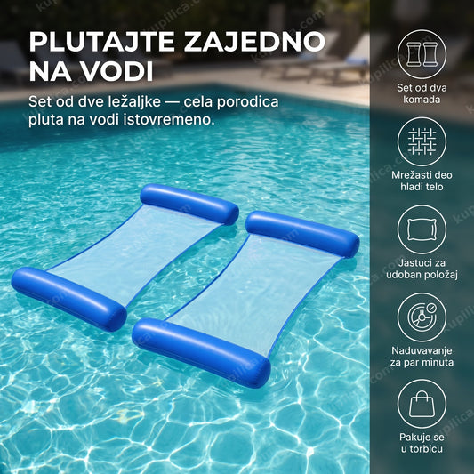 Dve plave plutajuće vodene ležaljke na bazenu, prikazani benefiti proizvoda