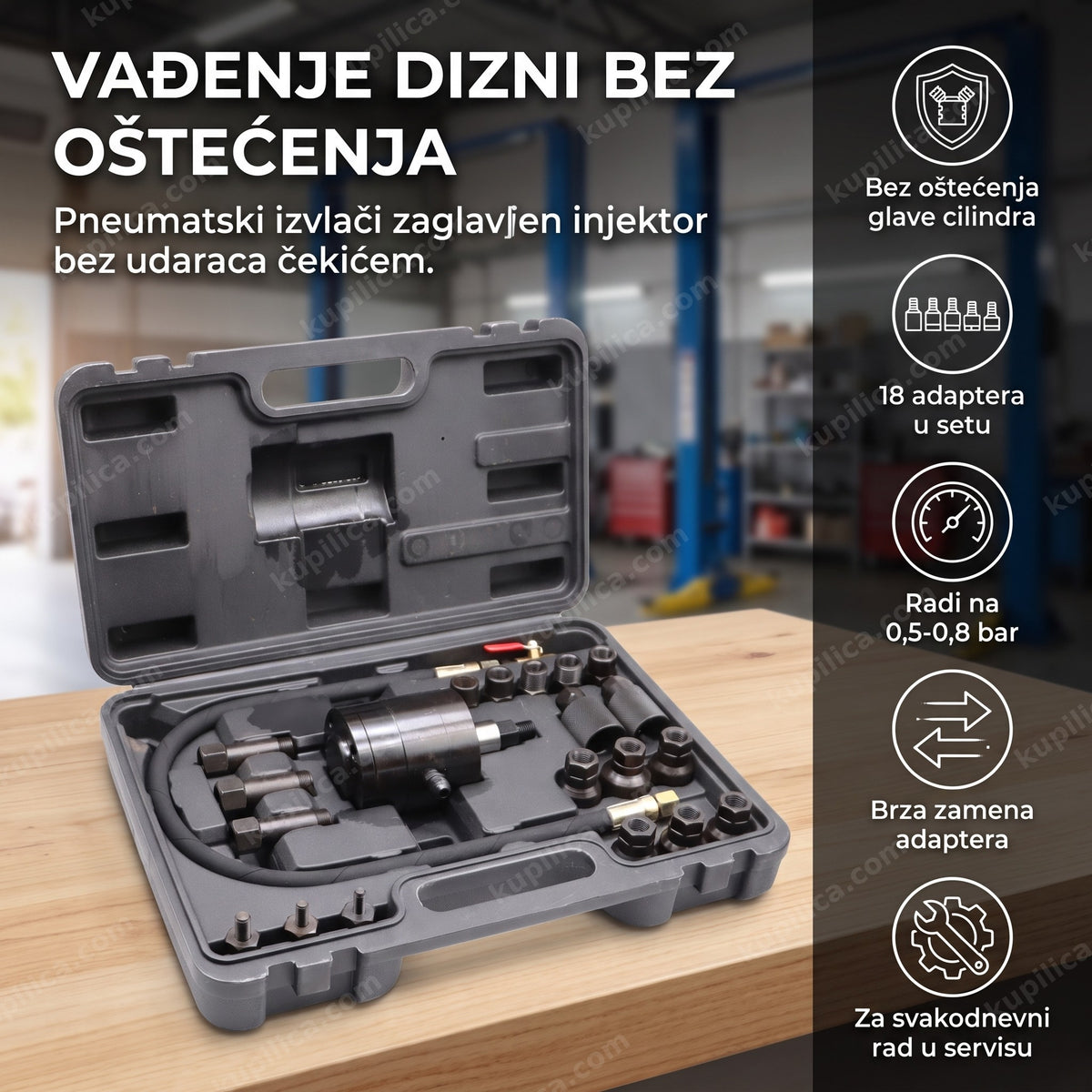 otvoren kofer sa pneumatskim alatom za vađenje dizni i adapterima u peni