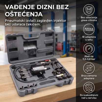 otvoren kofer sa pneumatskim alatom za vađenje dizni i adapterima u peni