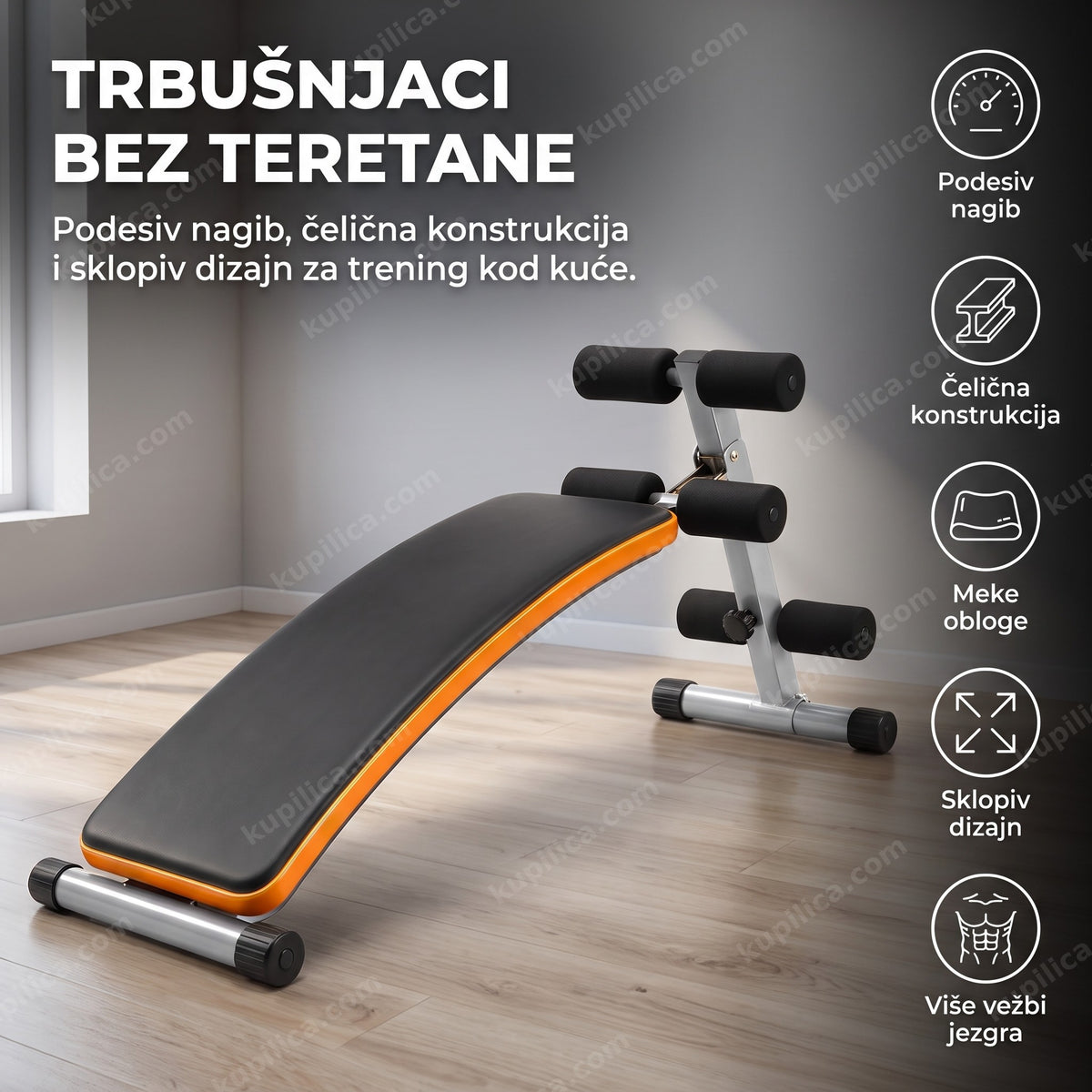 podesiva klupa za trbušnjake — postavljena u kućnoj teretani, spremna za trening