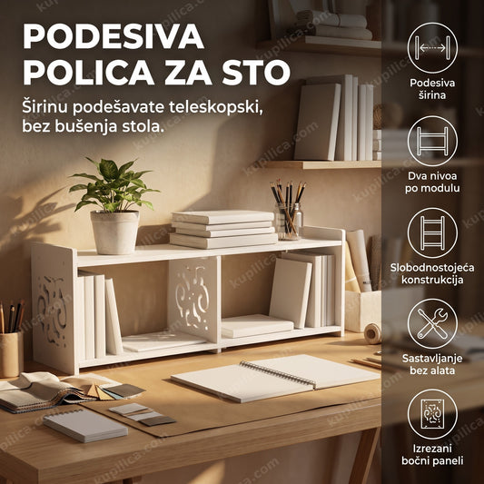 Bela podesiva polica sa četiri police na kreativnom radnom stolu, benefiti proizvoda