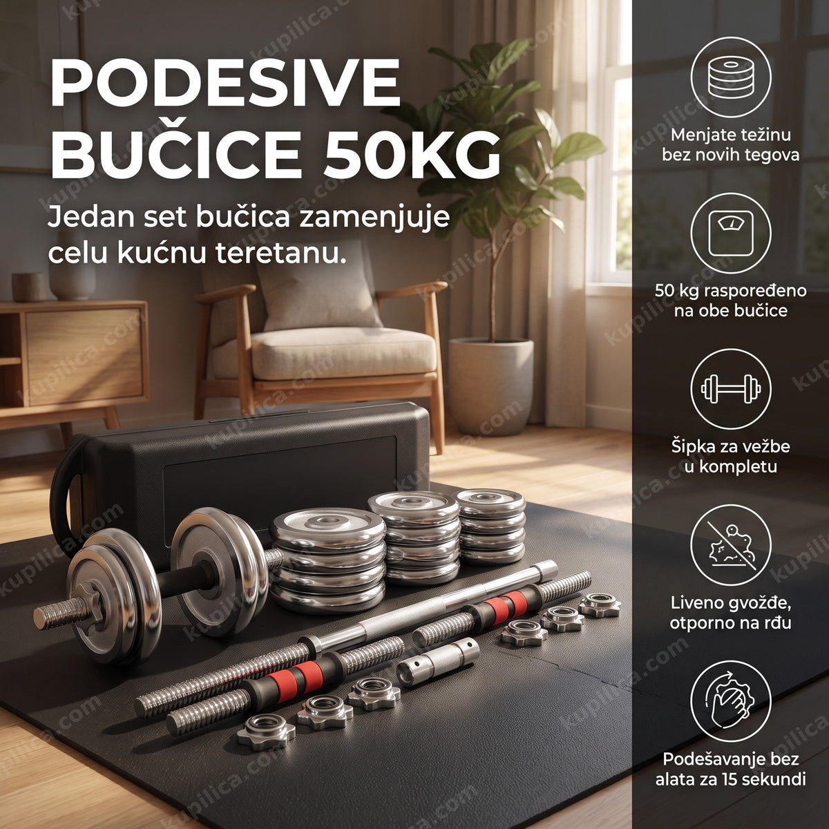 set podesivih bučica sa šipkom za vežbe u kućnom prostoru, benefiti proizvoda
