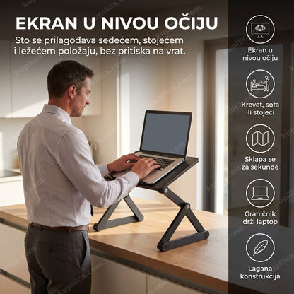 podesivi sto za laptop sklopivi — osoba radi stojeći za sklopivim stočićem sa laptopom, benefiti proizvoda