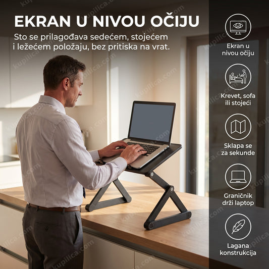 podesivi sto za laptop sklopivi — osoba radi stojeći za sklopivim stočićem sa laptopom, benefiti proizvoda