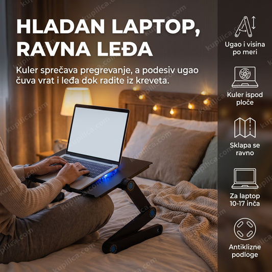 podesivi sto za laptop sa kulerom — laptop na sklopivom stočiću u krevetu sa uključenim kulerom, benefiti proizvoda