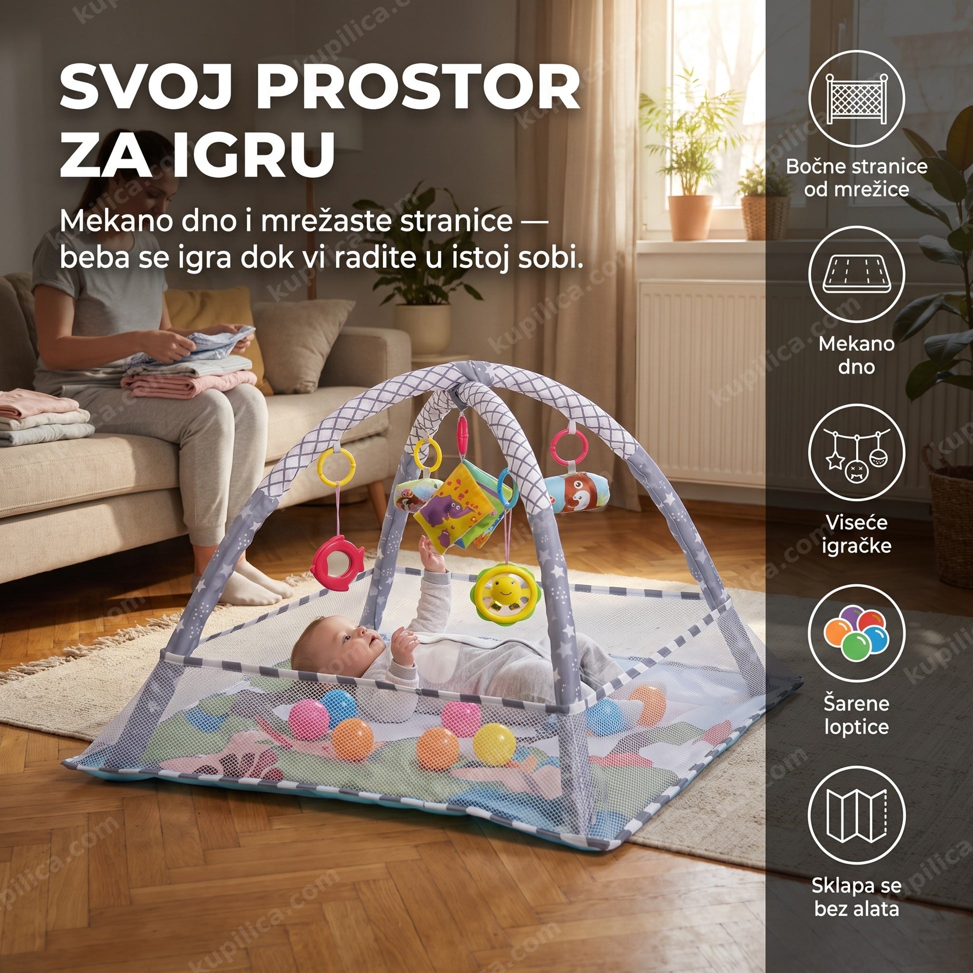 podloga za igru za bebe — beba se igra u zelenoj podlozi sa lopticama, benefiti proizvoda
