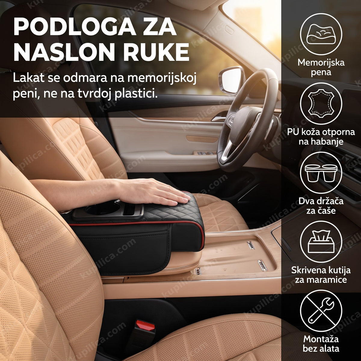 Crna PU kožna podloga na naslonu za ruke u automobilu sa držačima čaša