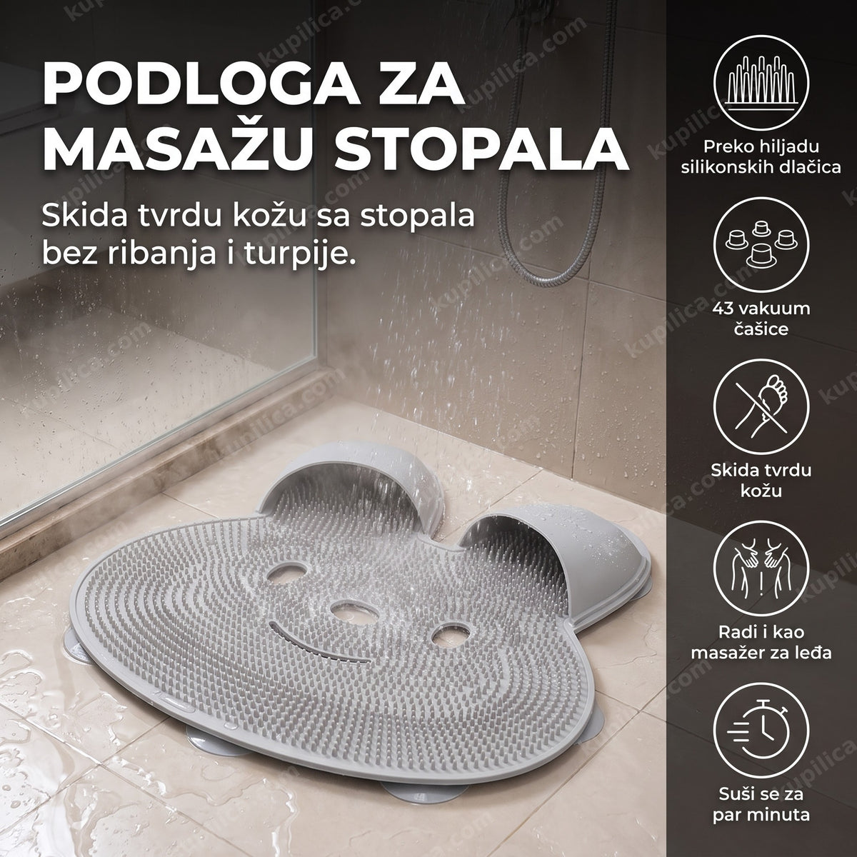 Silikonska podloga za pranje stopala pričvršćena u tuš kabini, benefiti proizvoda