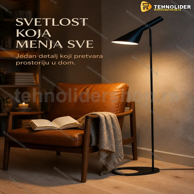 podna lampa sa nagnutim abažurom pored fotelje u dnevnoj sobi