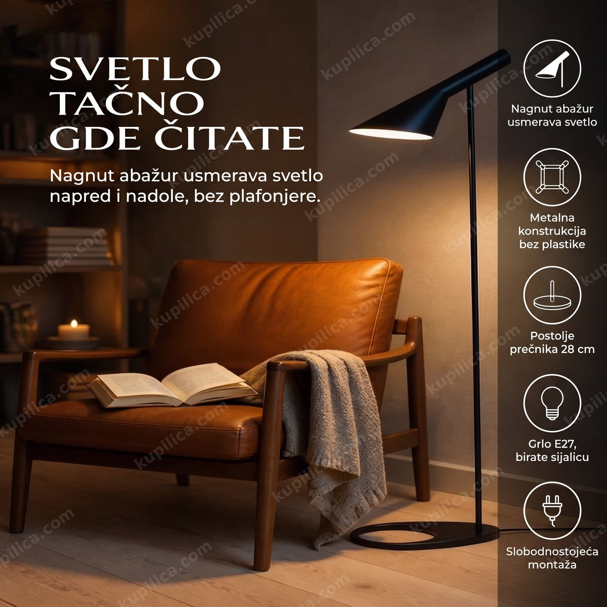 Retro podna lampa sa nagnutim abažurom pored fotelje u dnevnoj sobi, benefiti proizvoda