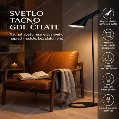 Retro podna lampa sa nagnutim abažurom pored fotelje u dnevnoj sobi, benefiti proizvoda