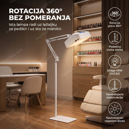 Bela podna lampa za pedikir i manikir sa rotacijom glave u salonu, benefiti proizvoda
