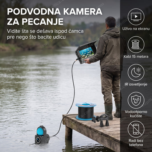 Podvodna kamera za pecanje sa ekranom u ruci pecaroša na obali reke