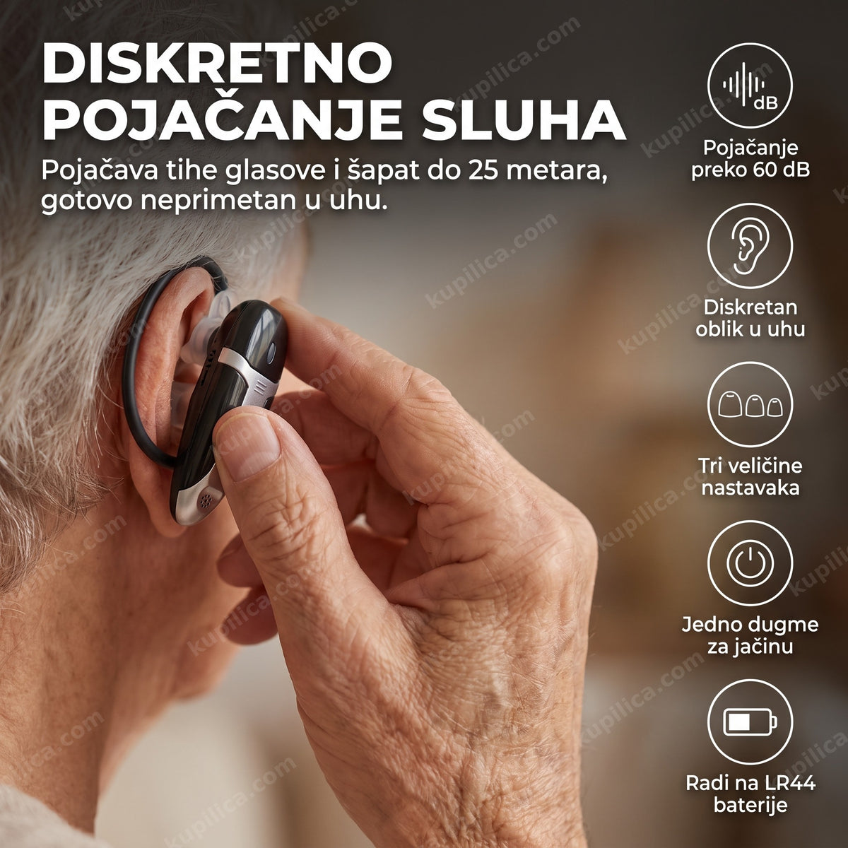starija osoba diskretno stavlja pojačivač sluha u uho, benefiti proizvoda