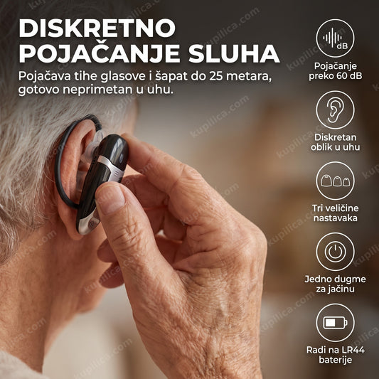 starija osoba diskretno stavlja pojačivač sluha u uho, benefiti proizvoda