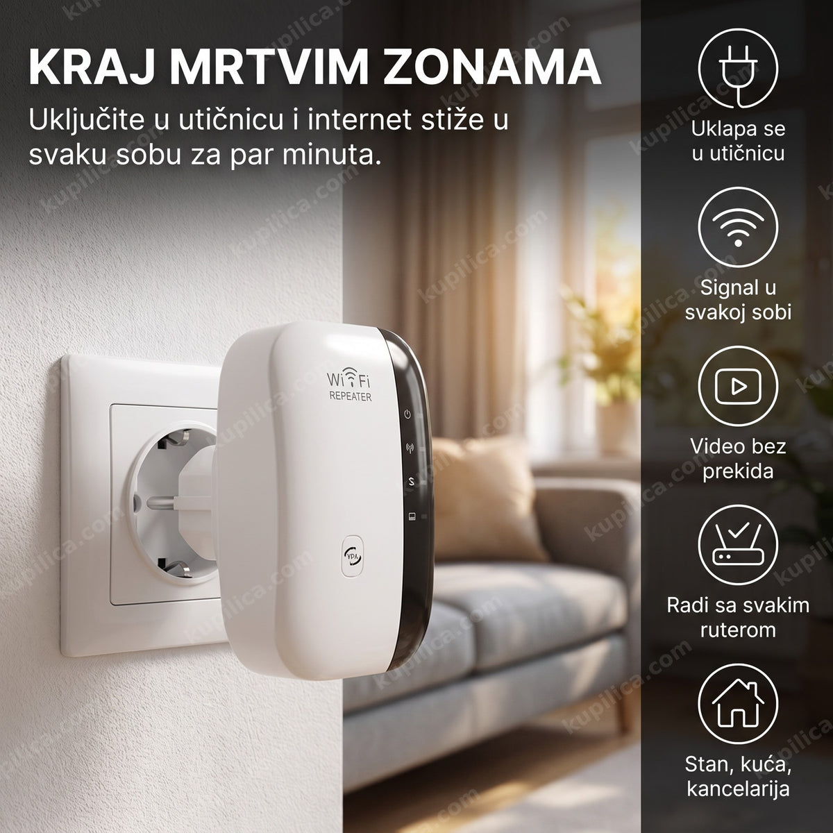 pojačivač wi-fi signala za utičnicu u dnevnoj sobi pored kauča