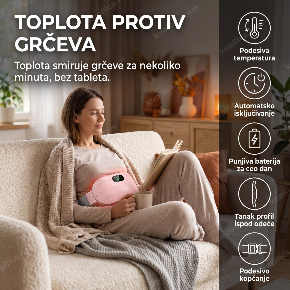 pojas grejač za menstrualne bolove oko struka žene na kauču, benefiti proizvoda