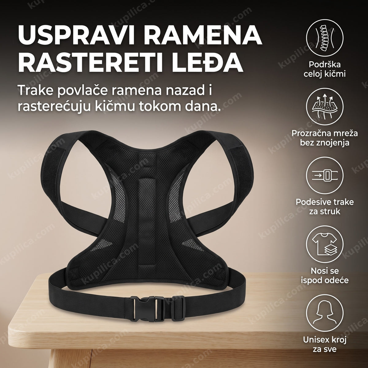crni pojas za ispravljanje držanja leđa presavijen na drvenom stolu
