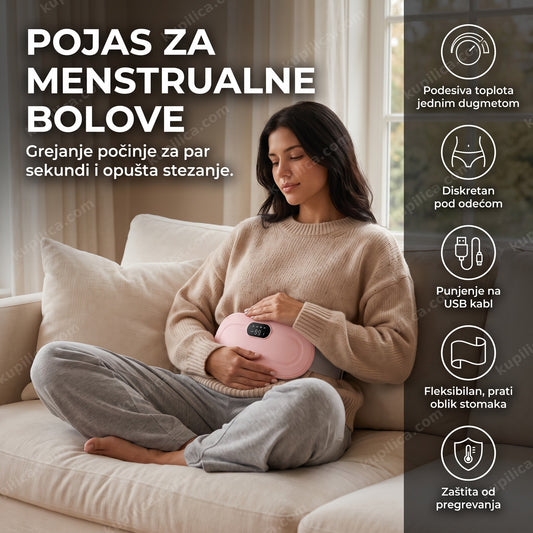 Žena opuštena na sofi sa pojasom za menstrualne bolove oko struka, benefiti proizvoda