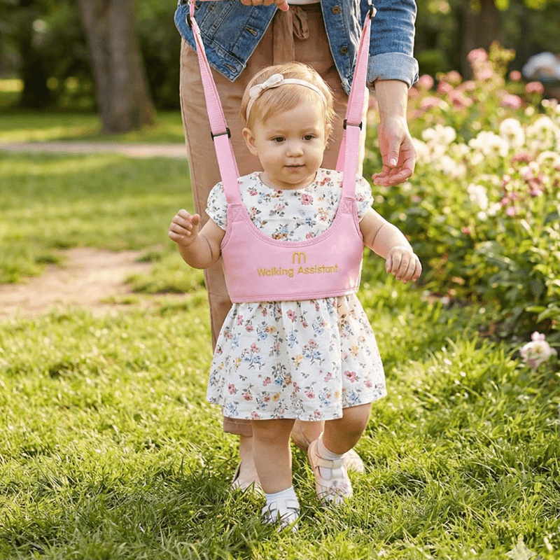 devojčica u cvetnoj haljini hoda uz pomoć roze pojasa sa natpisom Walking Assistant