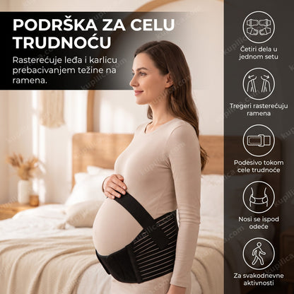 Pojas za trudnice sa tregerima na trudnici u spavaćoj sobi — benefiti proizvoda