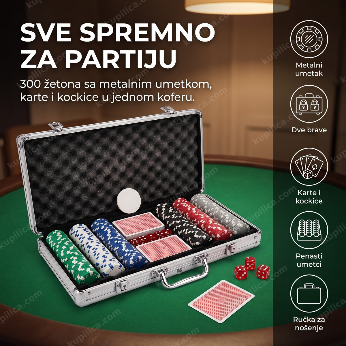 Poker set 300 žetona u otvorenom aluminijumskom koferu na stolu za igru