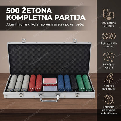 otvoren poker set 500 žetona sa dva špila karata u aluminijumskom koferu