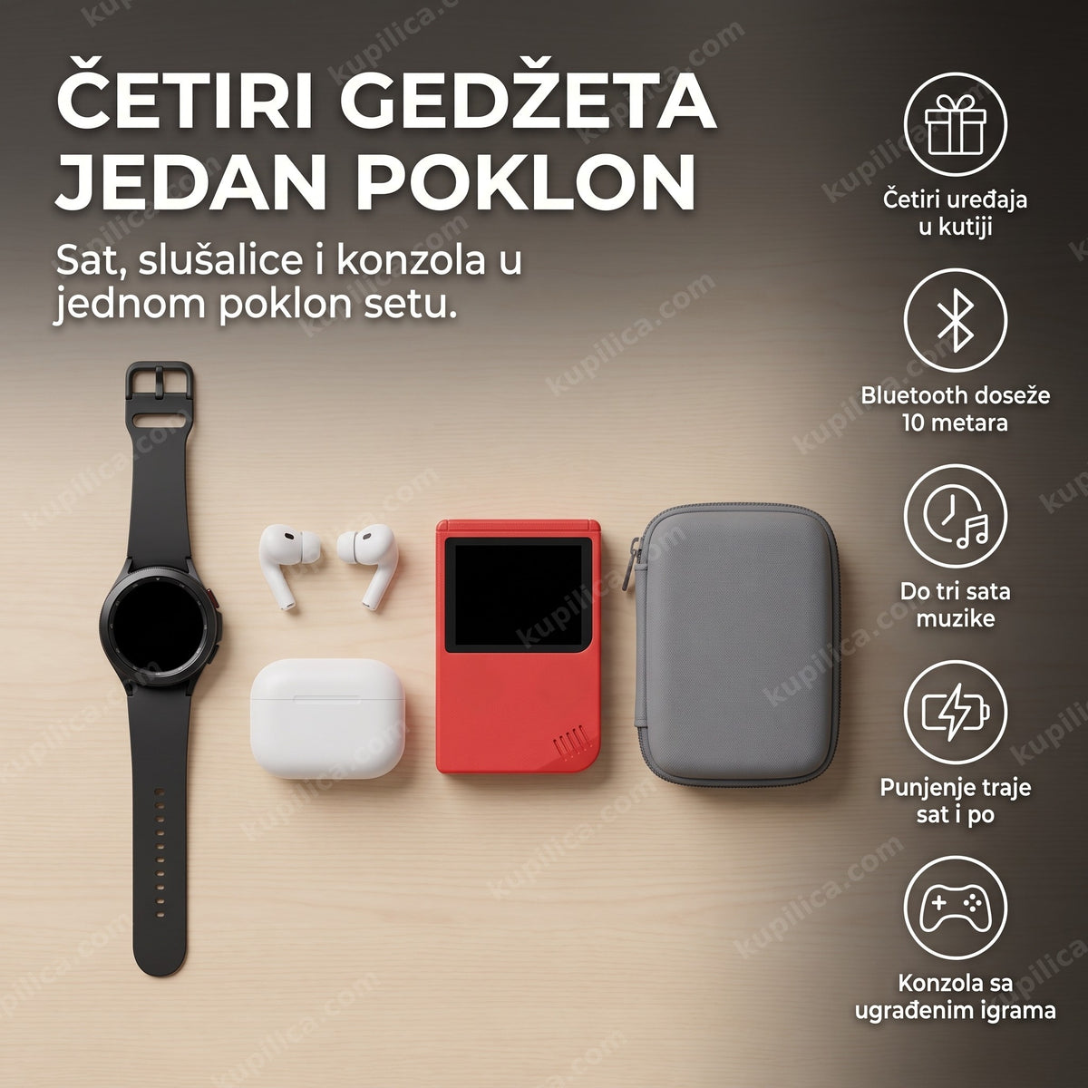 poklon set 4u1 sa pametnim satom, slušalicama i mini konzolom na stolu