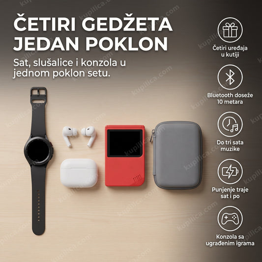 poklon set 4u1 sa pametnim satom, slušalicama i mini konzolom na stolu