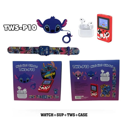 poklon set 4u1 pametni sat slušalice i konzola sa Stitch motivom i kutijom TWS-P10