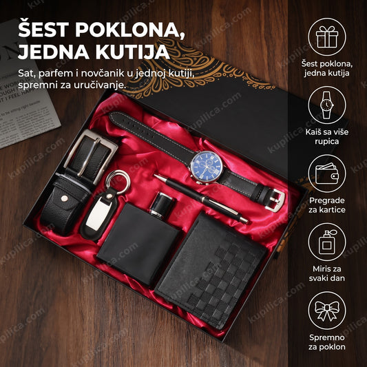 poklon set za muškarce 6u1 — elegantna kutija sa satom, parfemom i novčanikom na stolu, benefiti proizvoda