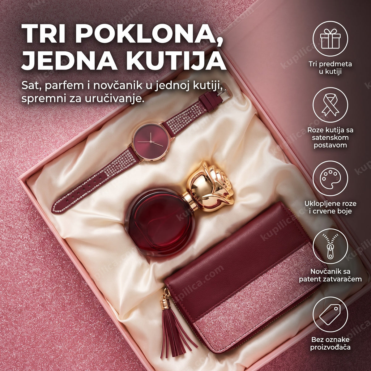 roze poklon set za žene 3u1 sa satom, parfemom i crvenim novčanikom